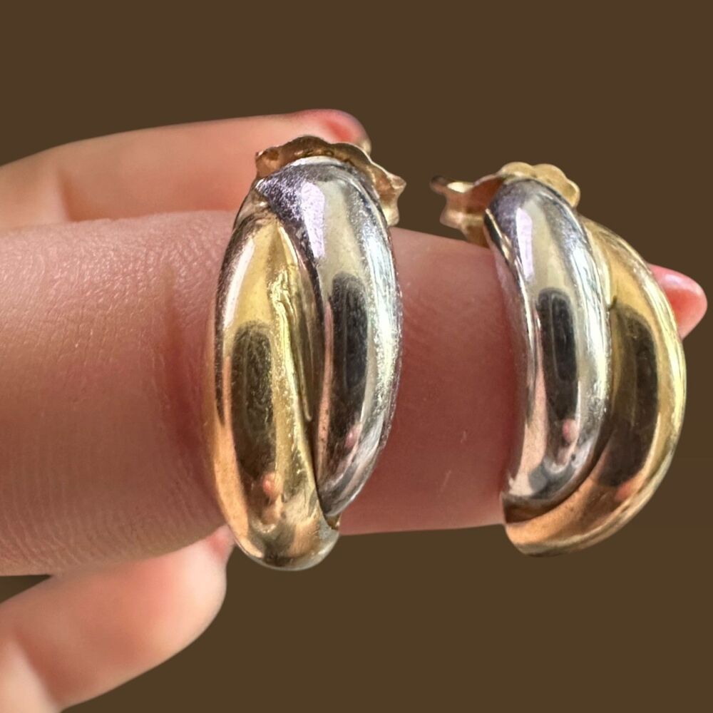 Vintage 14K Two Tone Gold J Hoop Earrings Yellow White Gold 80s 90s 1.12g